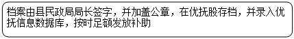 圆角矩形: 档案由县民政局局长签字，并加盖公章，在优抚股存档，并录入优抚信息数据库，按时足额发放补助