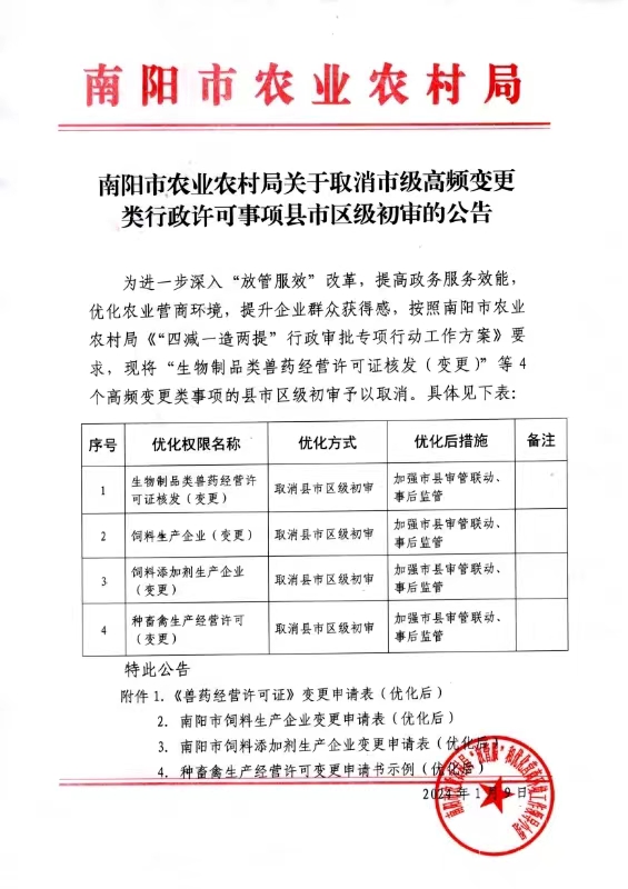 南阳市农业农村局关于取消市级高频变更类行政许可事项县市区级初审的公告