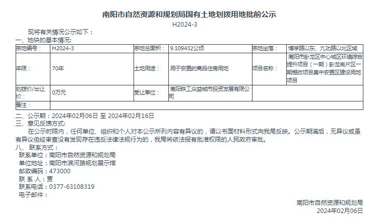 南阳市自然资源和规划局国有土地划拨用地批前公示H2024-3