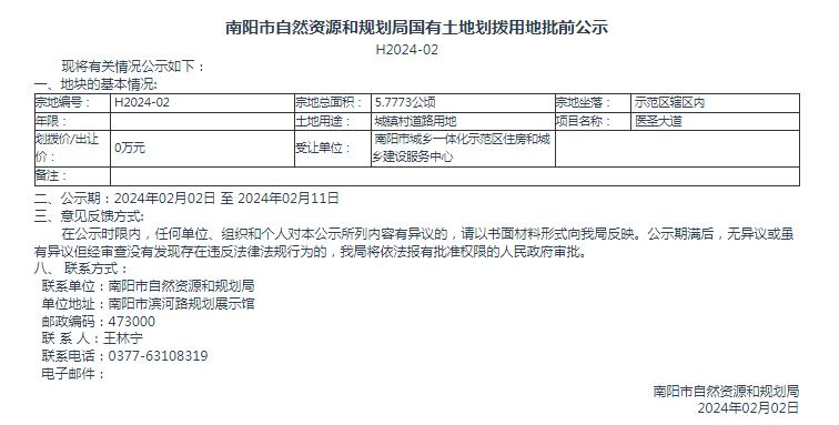 南阳市自然资源和规划局国有土地划拨用地批前公示H2024-02