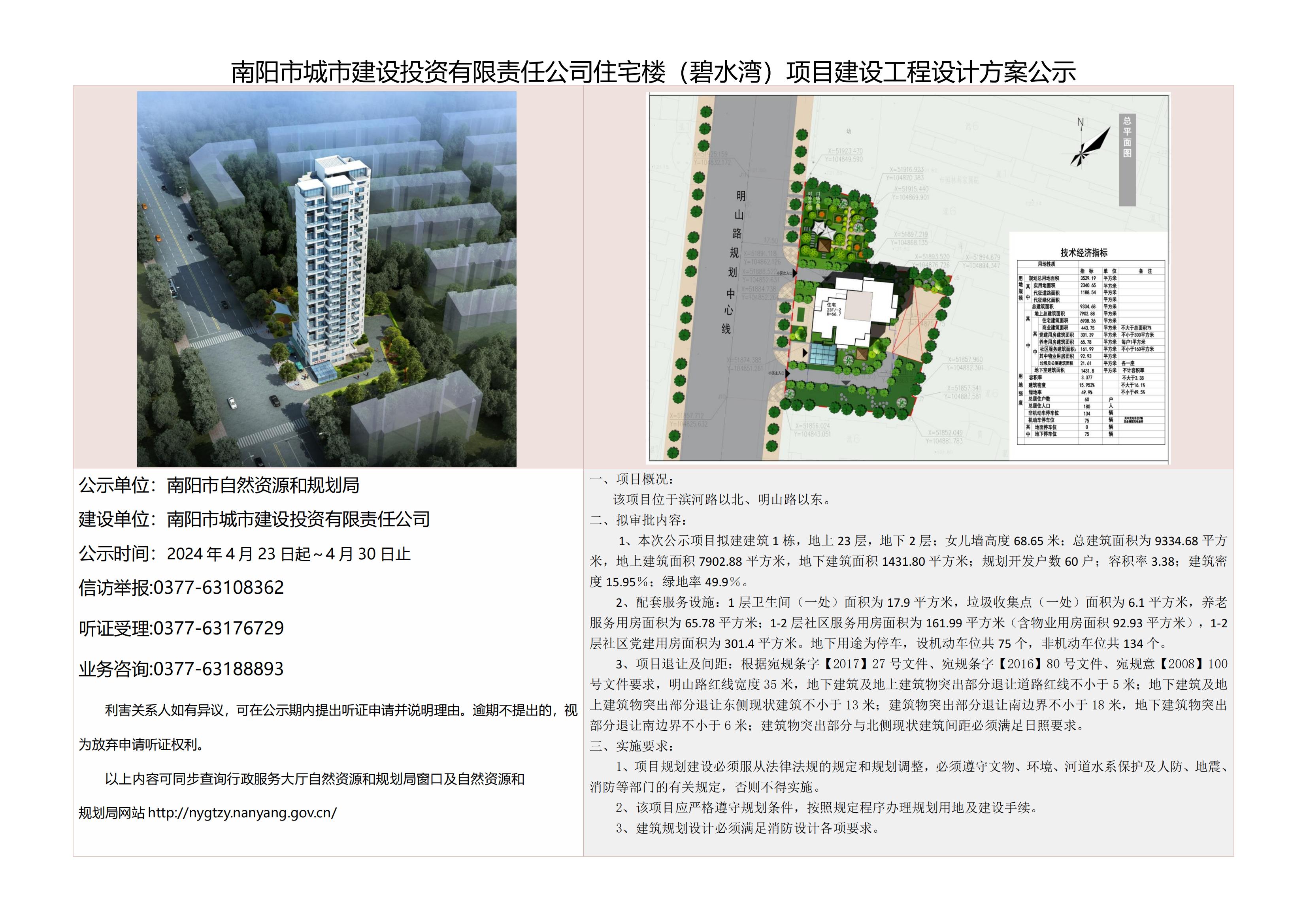 南阳市城市建设投资有限责任公司住宅楼（碧水湾）项目建设工程设计方案公示