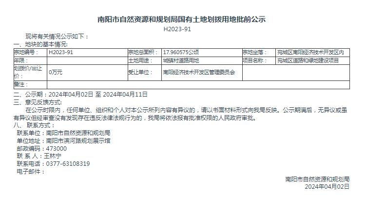 南阳市自然资源和规划局国有土地划拨用地批前公示H2023-91