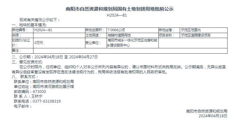 南阳市自然资源和规划局国有土地划拨用地批前公示H2024-81