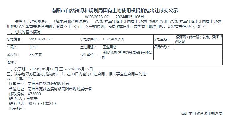 南阳市自然资源和规划局国有土地使用权招拍挂出让成交公示WCG2023-07