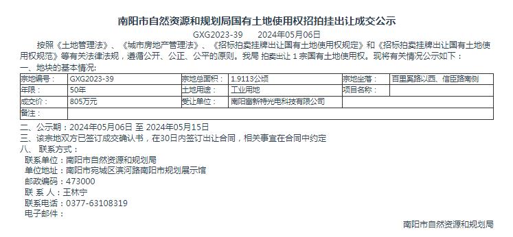 南阳市自然资源和规划局国有土地使用权招拍挂出让成交公示GXG2023-39