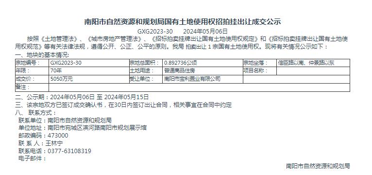 南阳市自然资源和规划局国有土地使用权招拍挂出让成交公示GXG2023-30