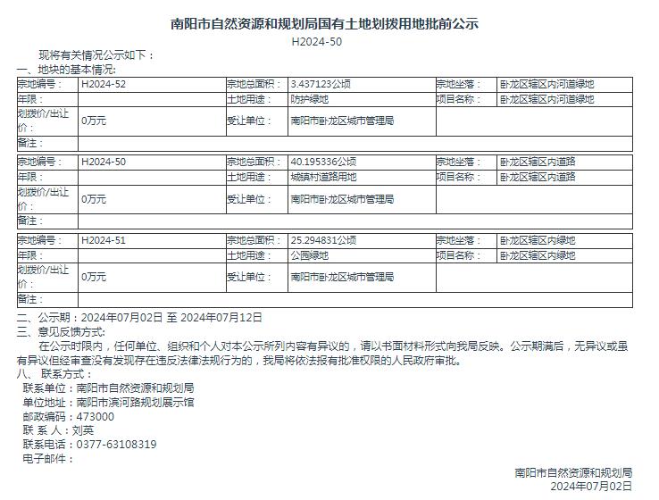 南阳市自然资源和规划局国有土地划拨用地批前公示H2024-50号