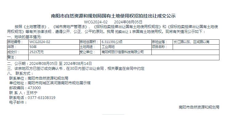 南阳市自然资源和规划局国有土地使用权招拍挂出让成交公示WCG2024-02