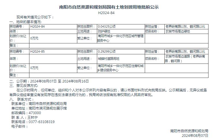 南阳市自然资源和规划局国有土地划拨用地批前公示H2024-84号