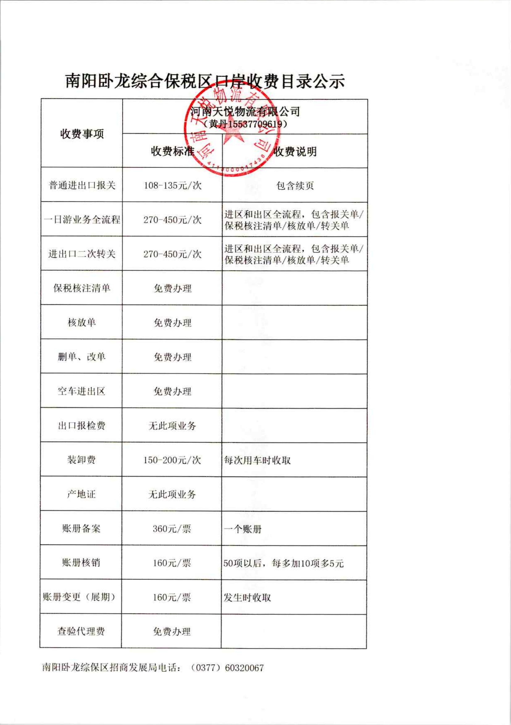 南阳卧龙综合保税区关于经营服务收费项目清单及标准的公示