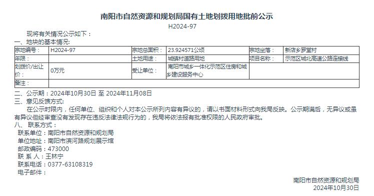 南阳市自然资源和规划局国有土地划拨用地批前公示H2024-97号