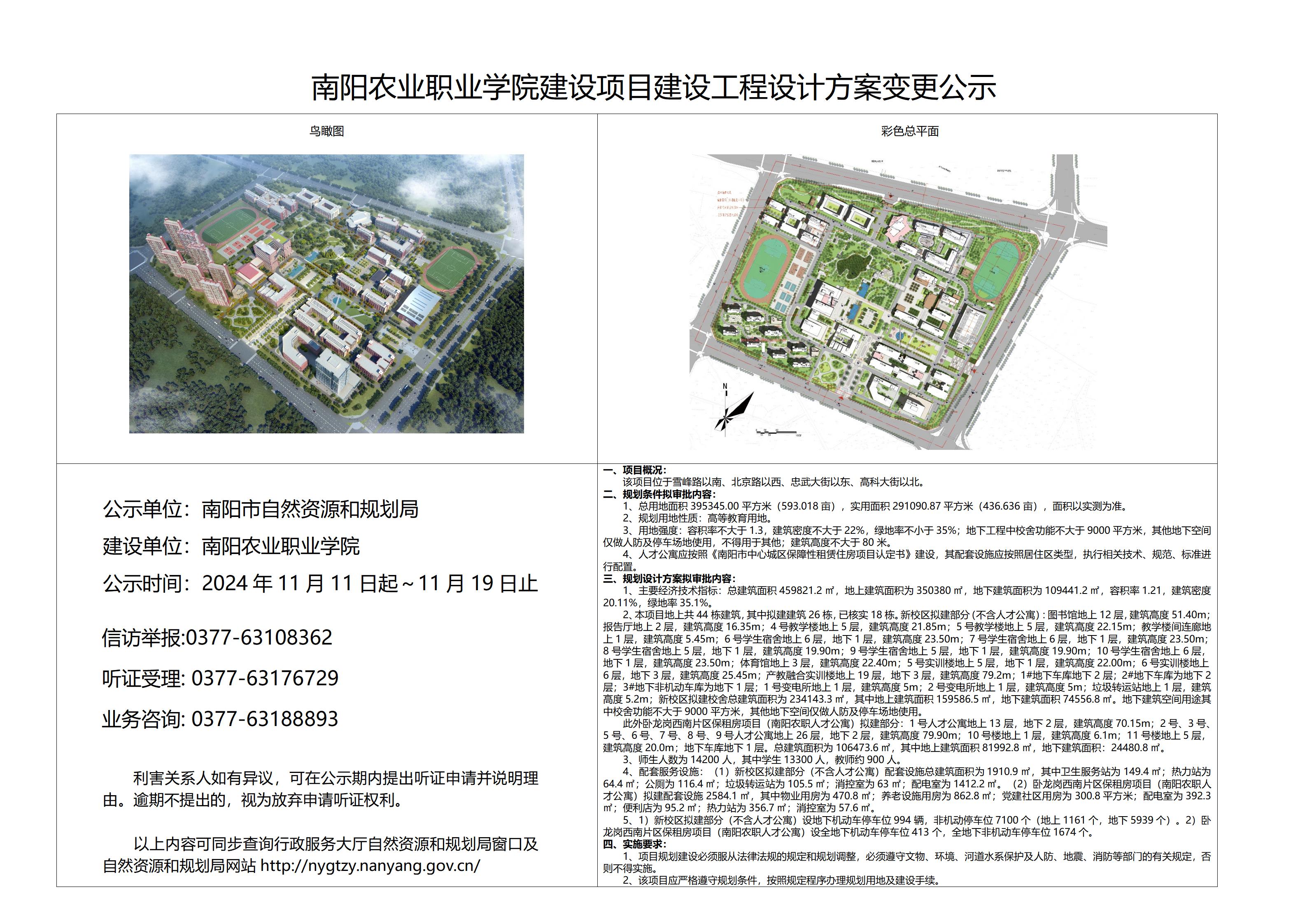 南阳农业职业学院建设项目建设工程设计方案变更公示