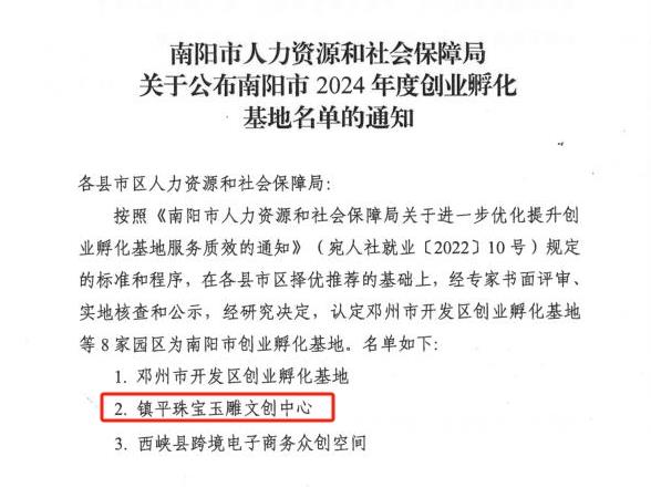 镇平珠宝玉雕文创中心被认定为南阳市2024年度创业孵化基地