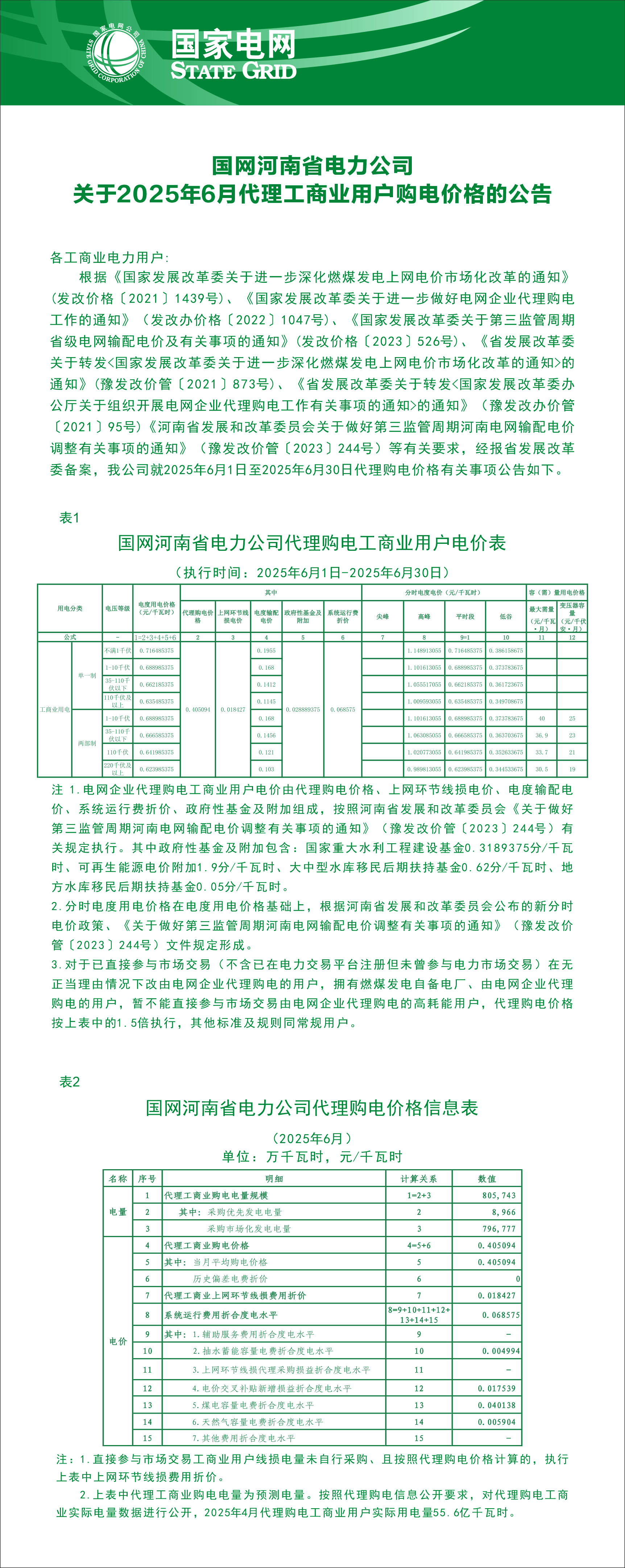 国网河南省电力公司关于2025年6月代理工商业用户购电价格的公示