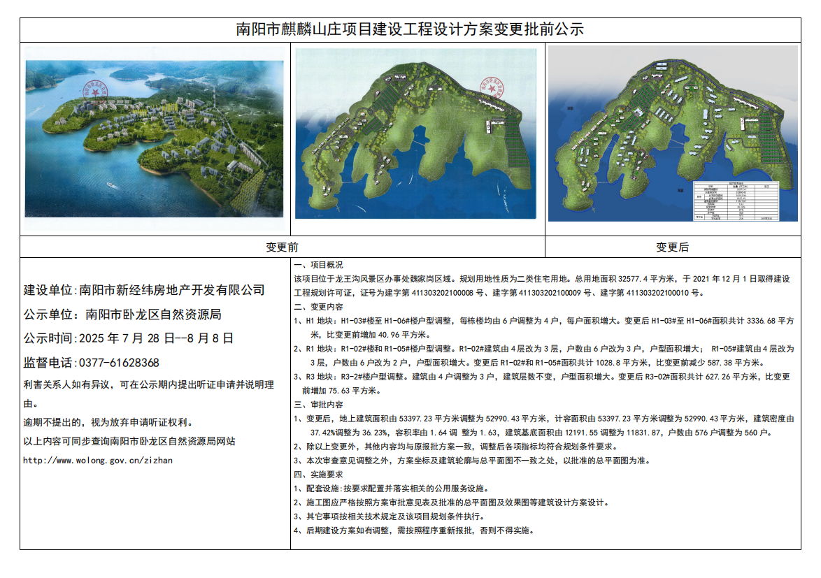 南阳市麒麟山庄项目建设工程设计方案变更批前公示