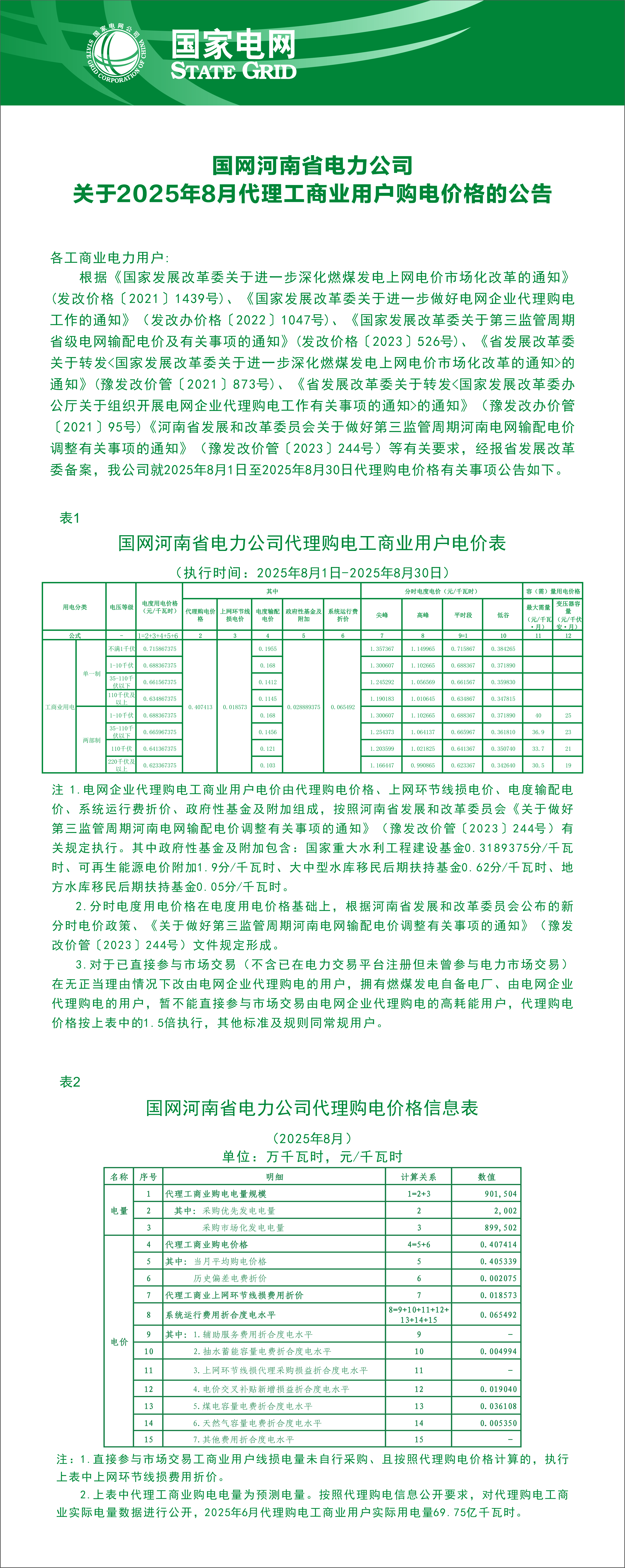 国网河南省电力公司关于2025年8月代理工商业用户购电价格的公示