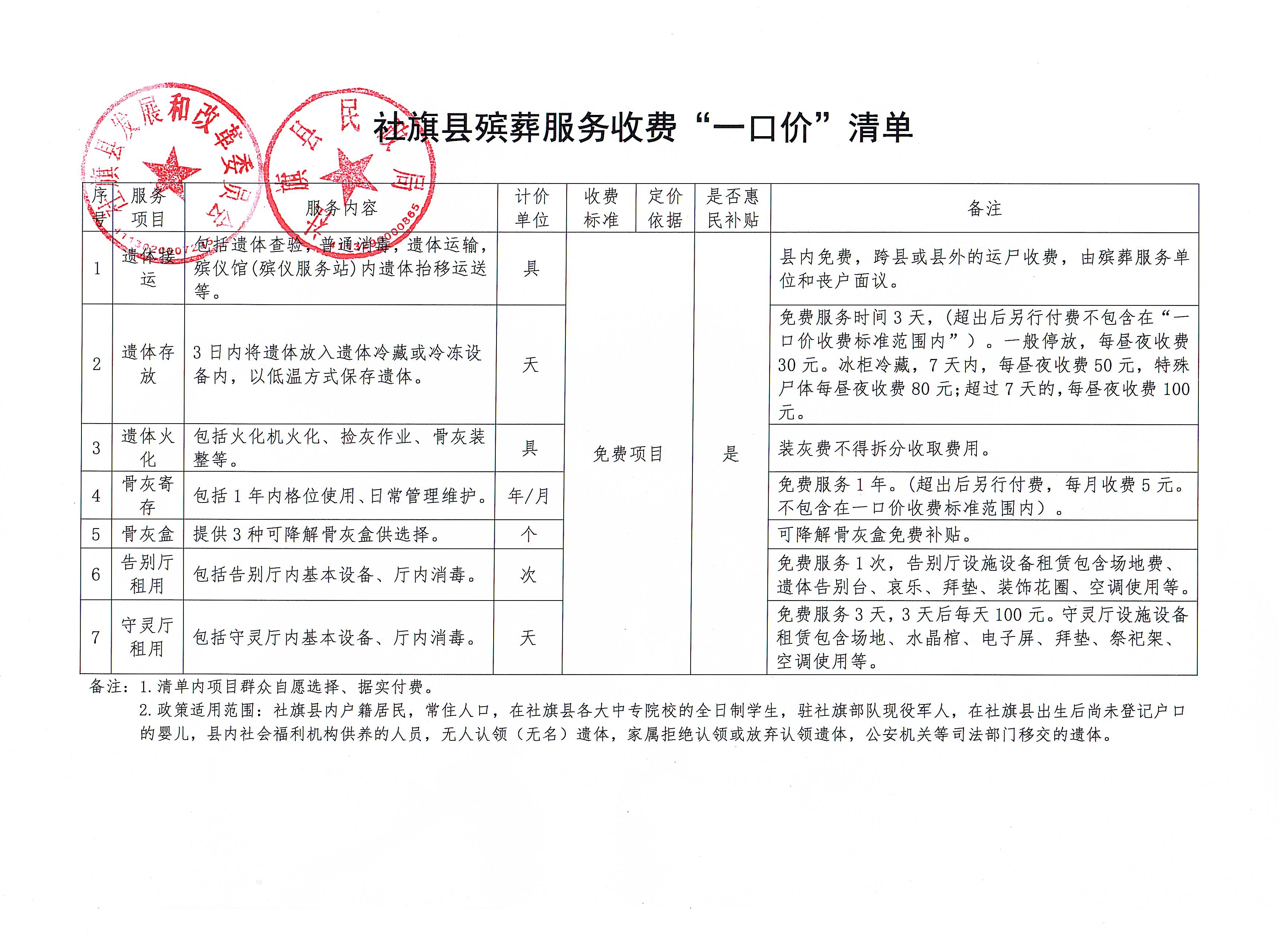 社旗县殡葬服务收费“一口价”清单