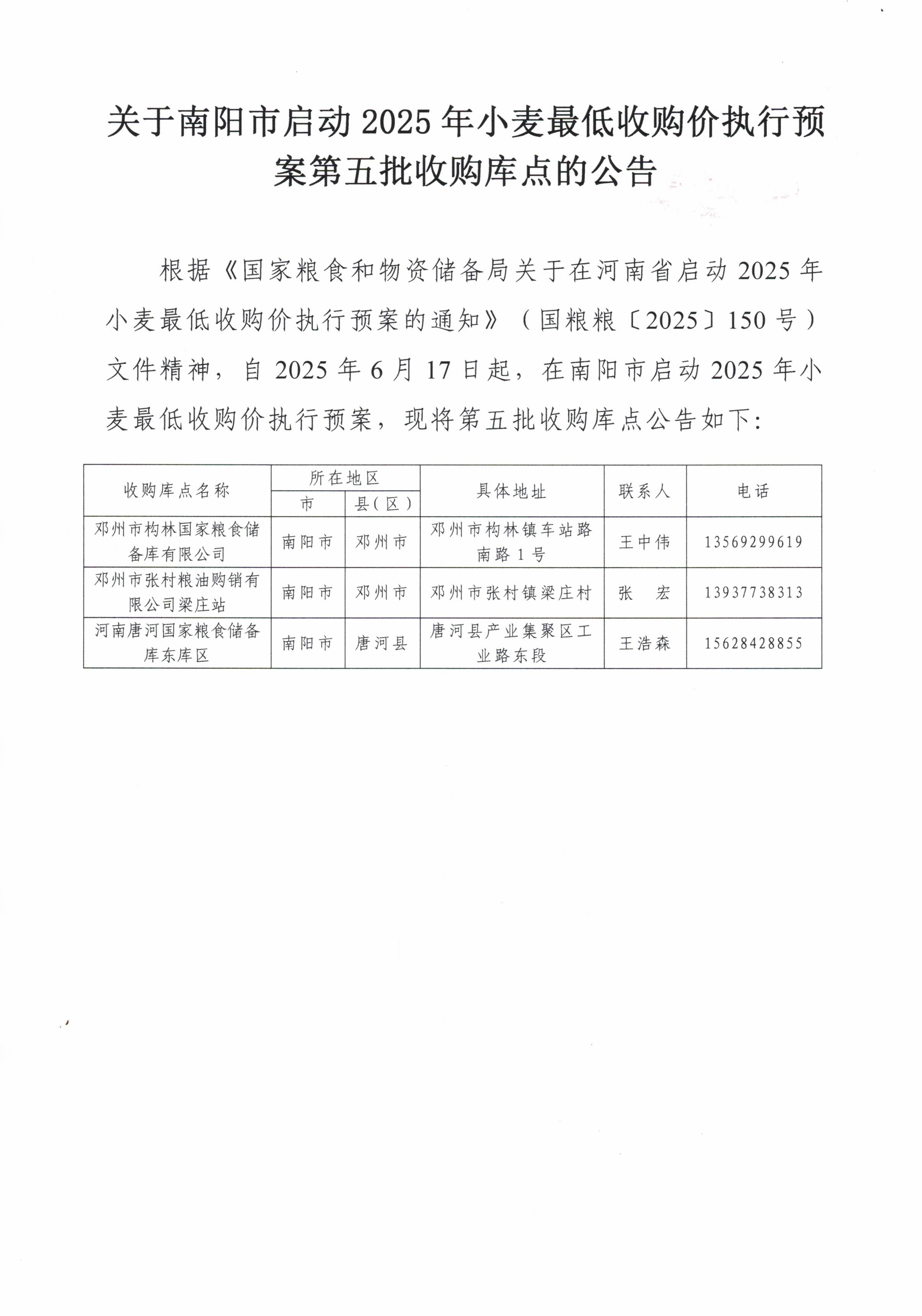 关于南阳市启动2025年小麦最低收购价执行预案第五批收购库点的公告