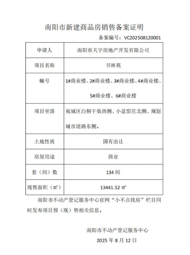 南阳市新建商品房现房销售备案证明 备案编号:VC202508120001