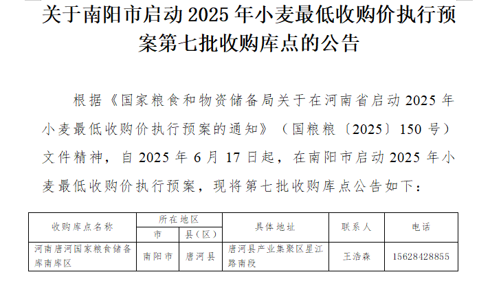 关于南阳市启动2025年小麦最低收购价执行预案第七批收购库点的公告