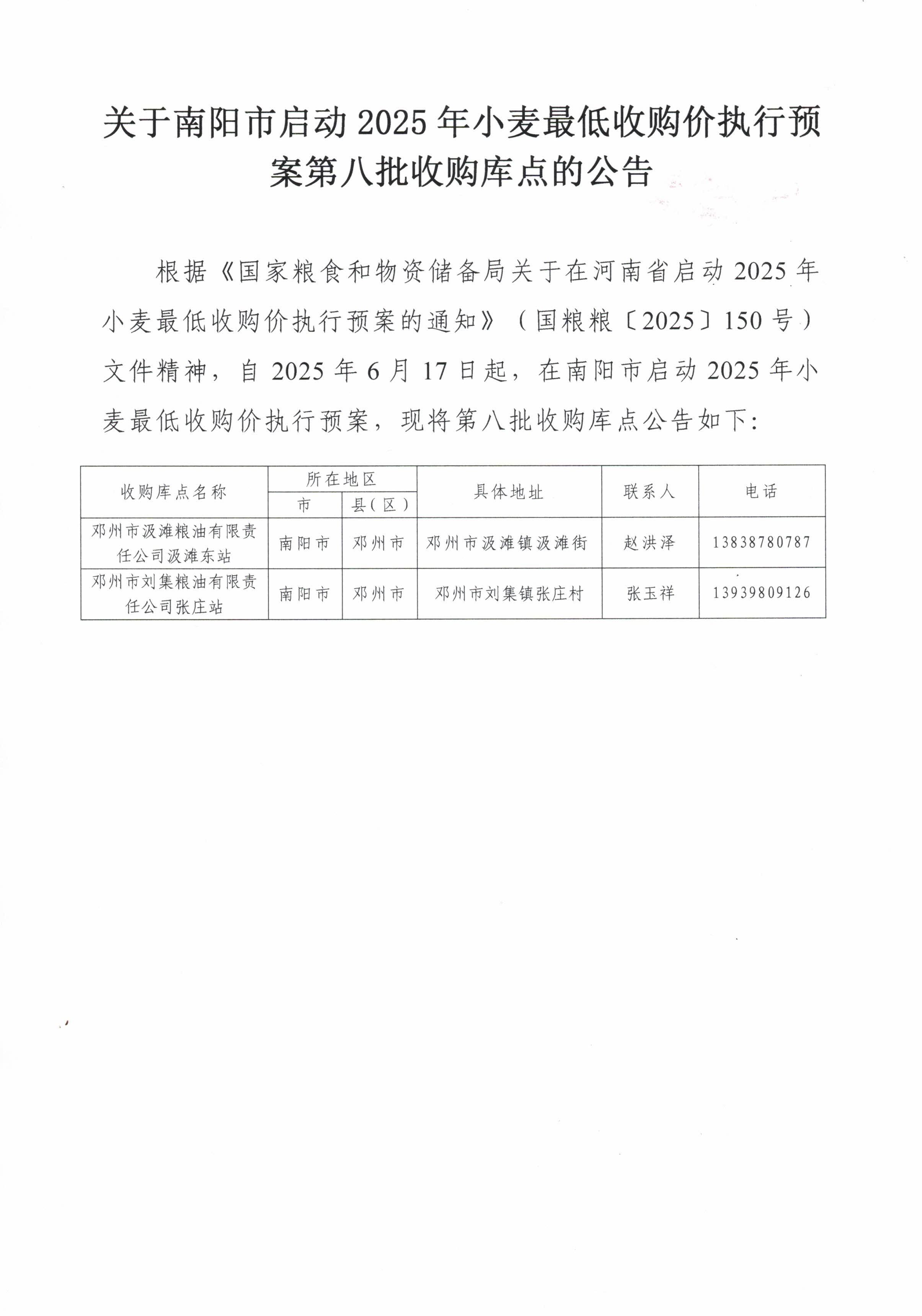 关于南阳市启动2025年小麦最低收购价执行预案第八批收购库点的公告