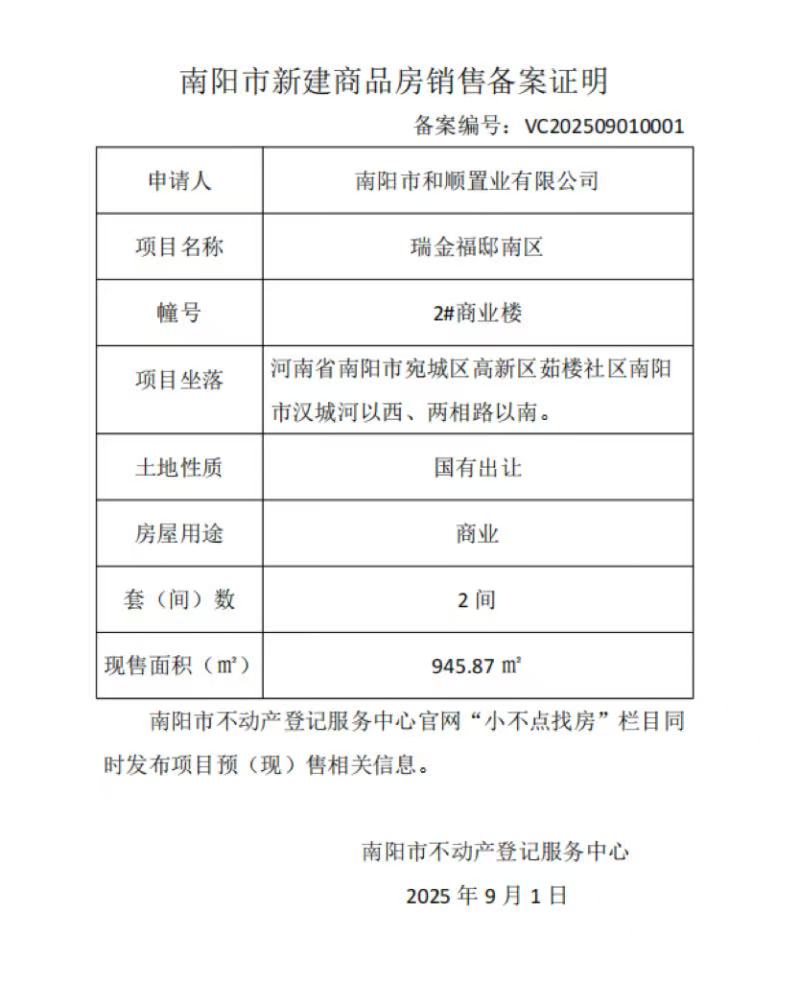 南阳市新建商品房现房销售备案证明 备案编号:VC202509010001