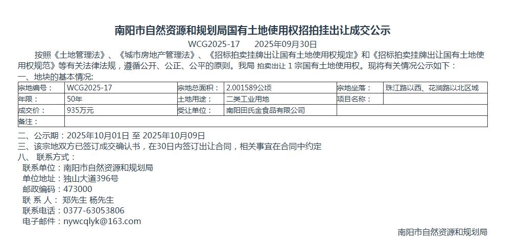 国有土地使用权招拍挂出让成交公示WCG2025-17