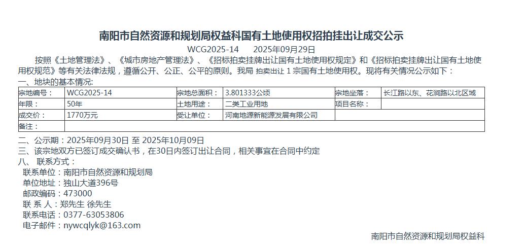 国有土地使用权招拍挂出让成交公示WCG2025-14