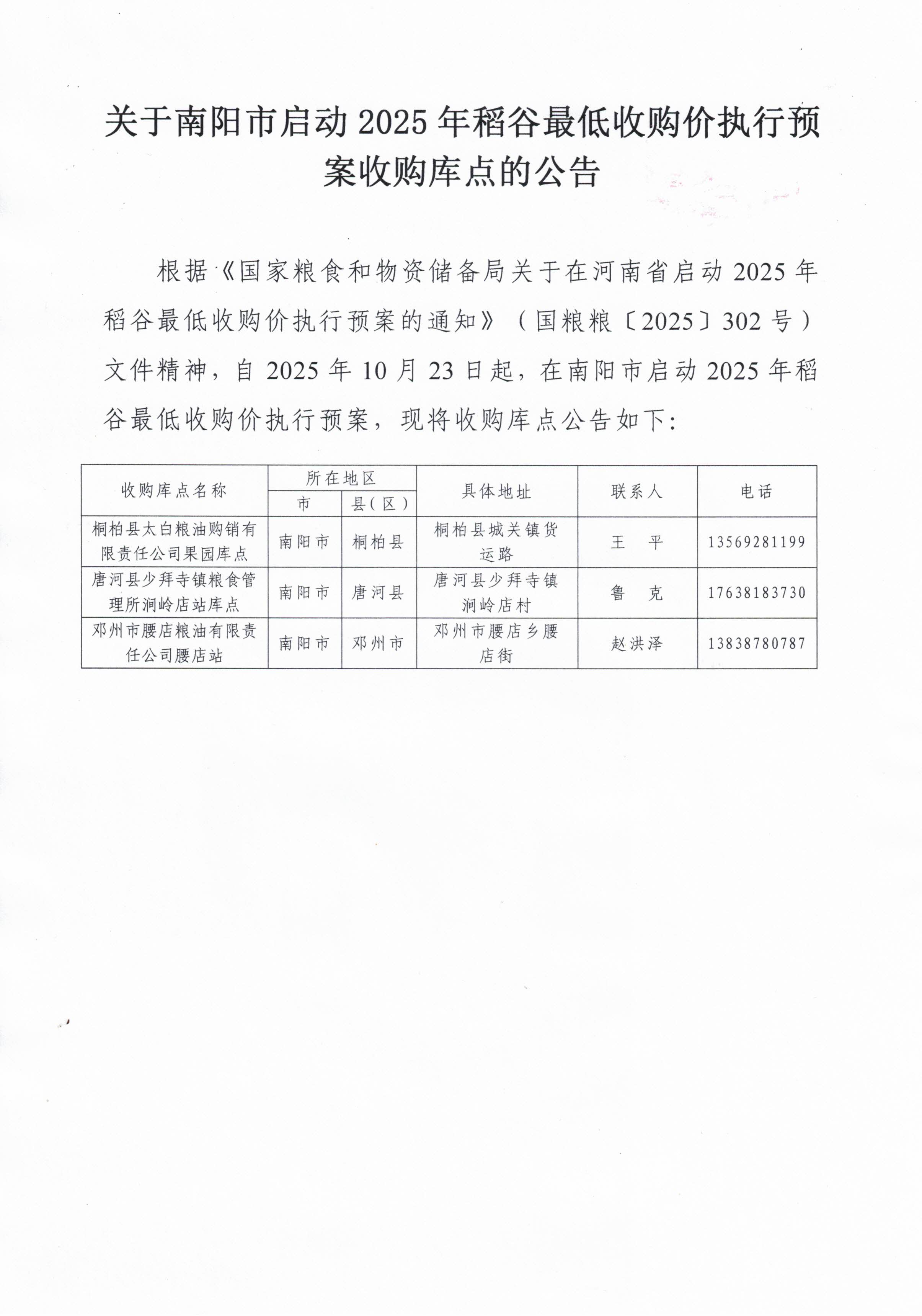 关于南阳市启动2025年稻谷最低收购价执行预案收购库点的公告