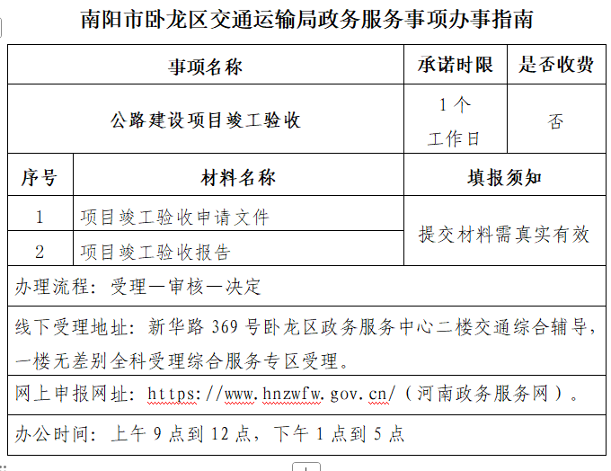 南阳市卧龙区交通运输局政务服务事项办事指南（公路建设项目竣工验收）