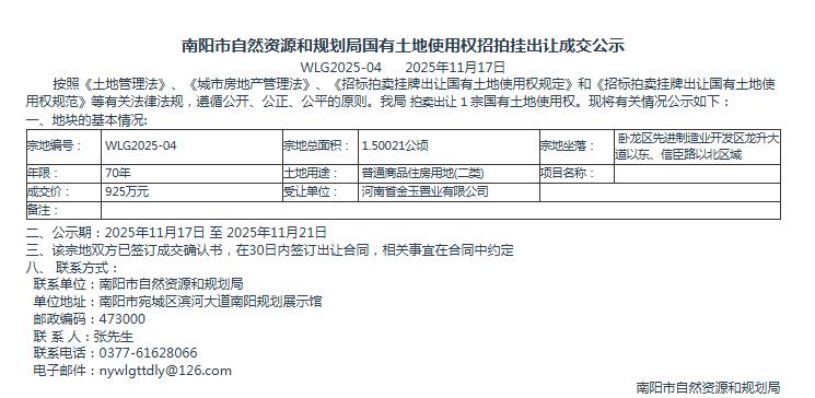 南阳市自然资源和规划局国有土地使用权招拍挂出让成交公示WLG2025-04