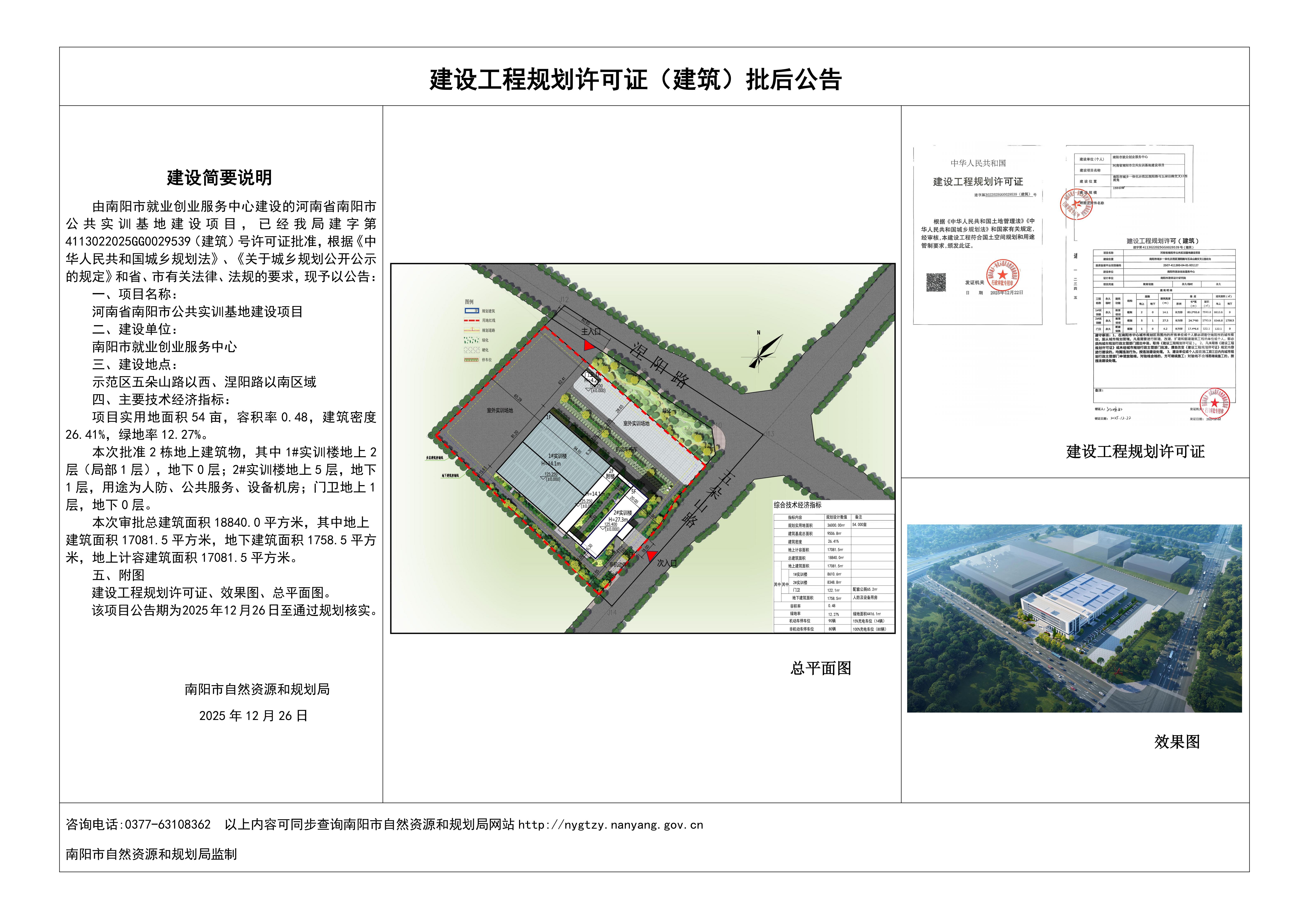 河南省南阳市公共实训基地建设项目建设工程规划许可证（建筑）批后公告