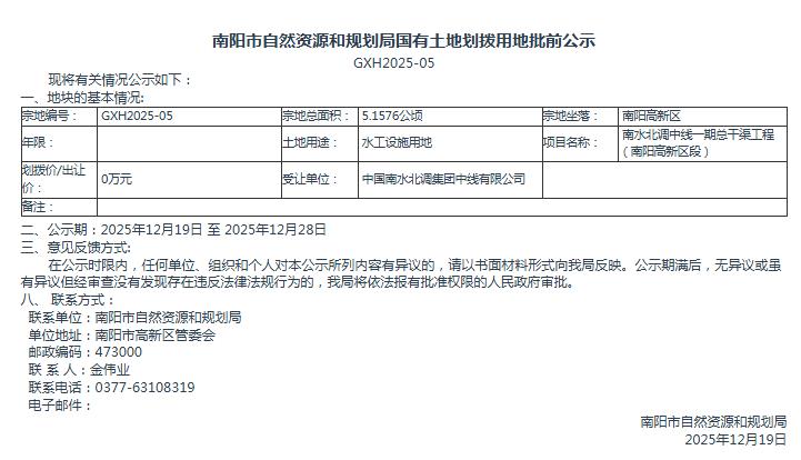 南阳市自然资源和规划局国有土地划拨用地批前公示GXH2025-05