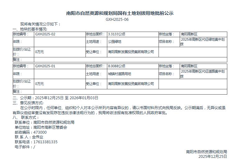 南阳市自然资源和规划局国有土地划拨用地批前公示GXH2025-06
