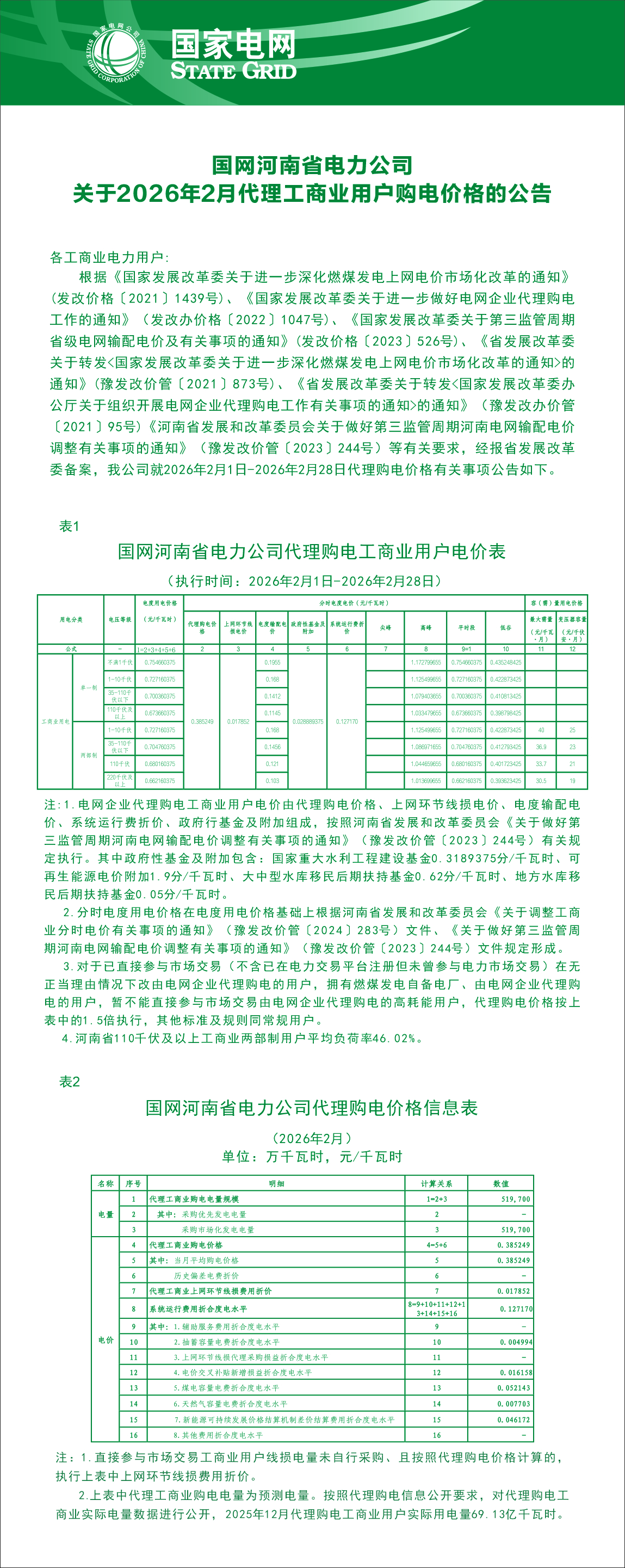 国网河南省电力公司代理购电工商用户电价表（执行时间：2026年2月1日-2026年2月28日）