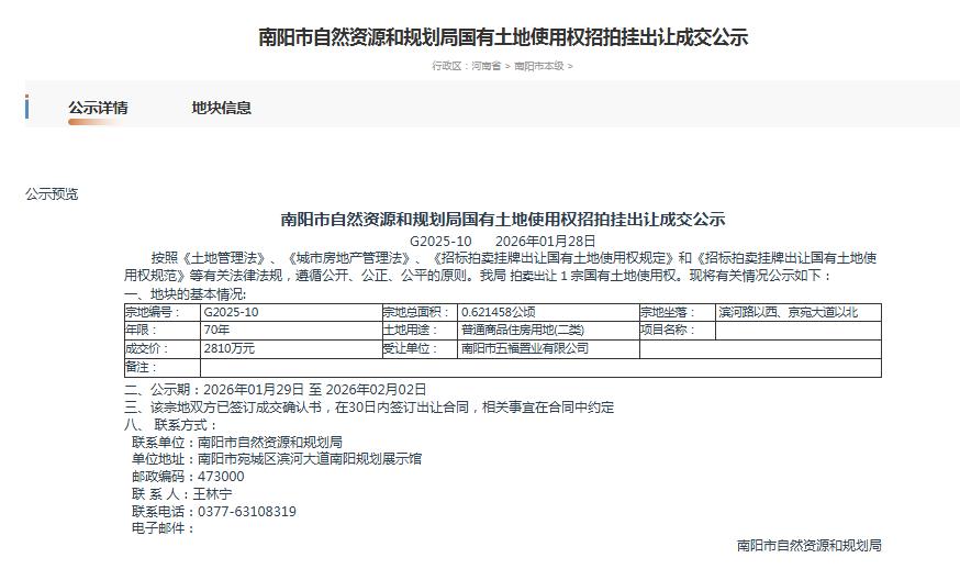 南阳市自然资源和规划局国有土地使用权招拍挂出让成交公示G2025-10