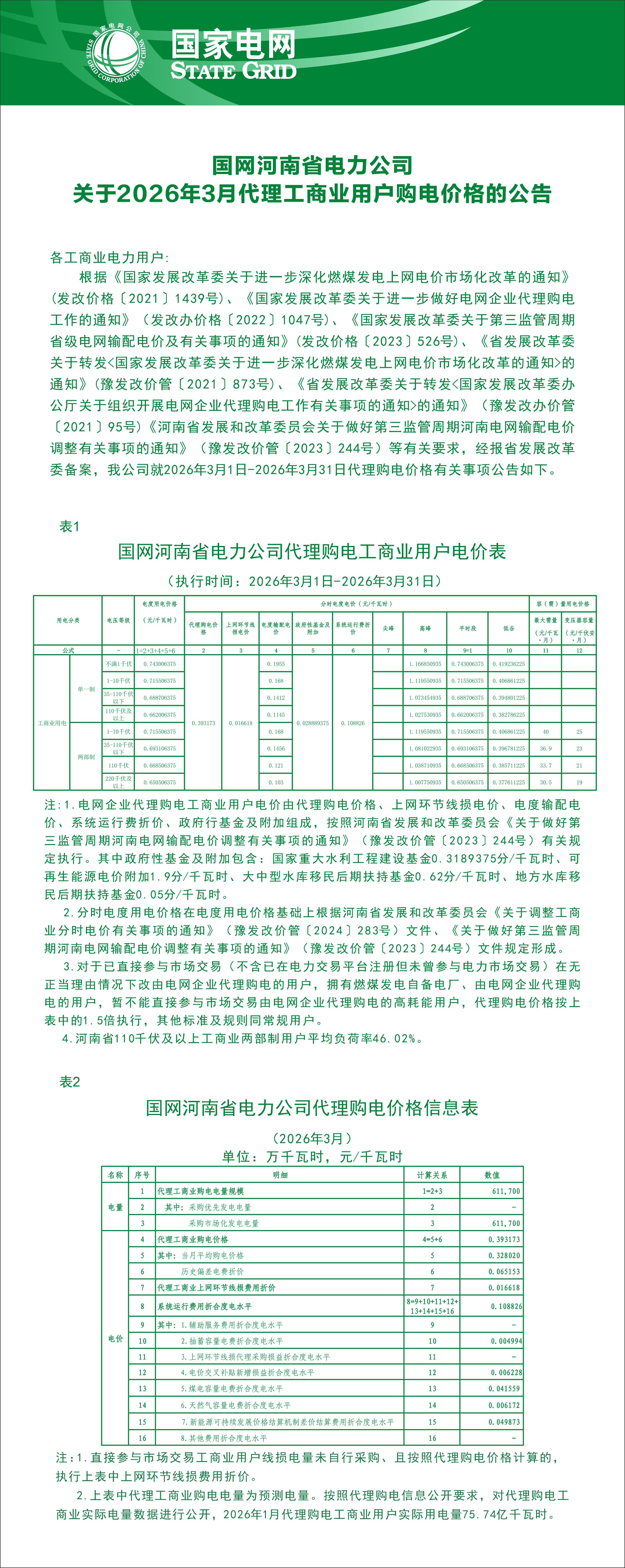 国网河南省电力公司代理购电工商用户电价表（执行时间：2026年3月1日-2026年3月31日）