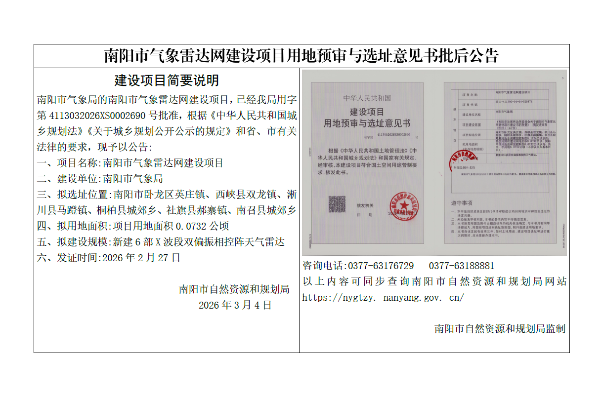 南阳市气象雷达网建设项目用地预审与选址意见书批后公告