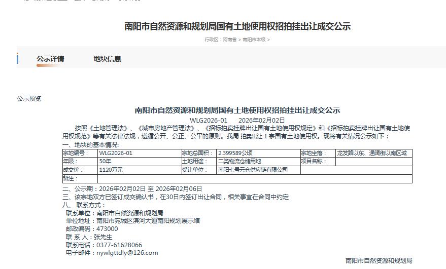 南阳市自然资源和规划局国有土地使用权招拍挂出让成交公示WLG2026-01