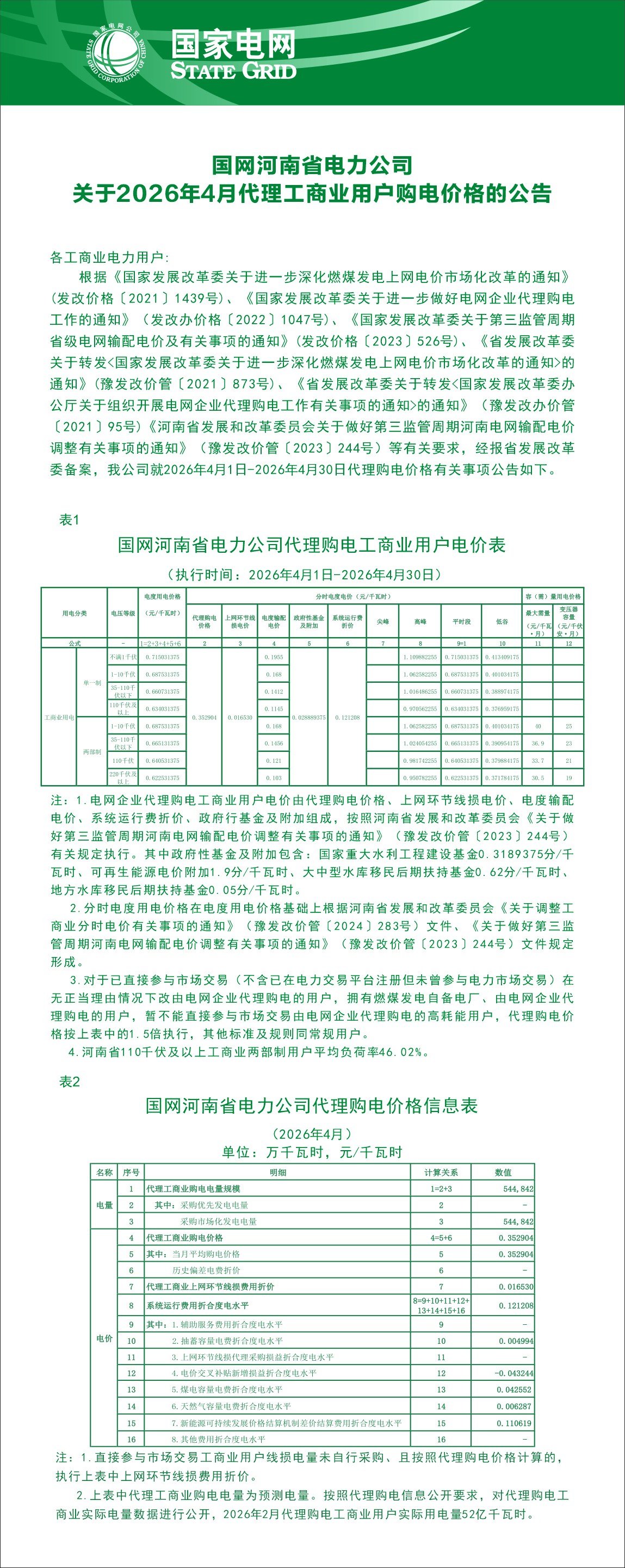 国网河南省电力公司关于2026年4月代理购电价格公示表