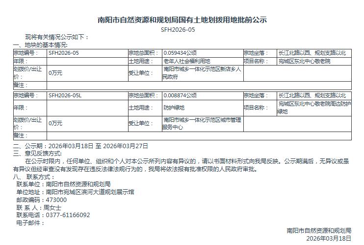 南阳市自然资源和规划局国有土地划拨用地批前公示SFH2026-05