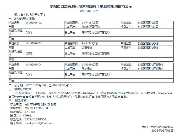 南阳市自然资源和规划局国有土地划拨用地批前公示WLH2026-02
