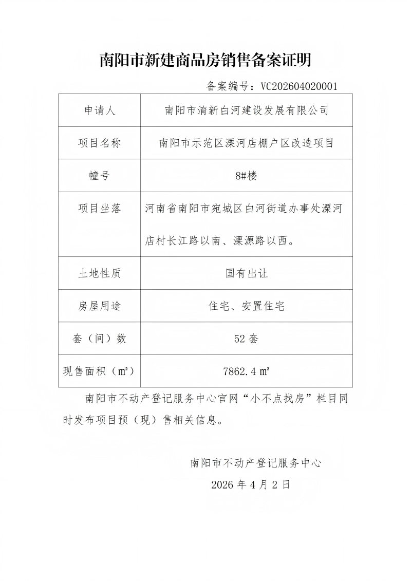 南阳市新建商品房销售备案证明 备案编号:VC202604020001