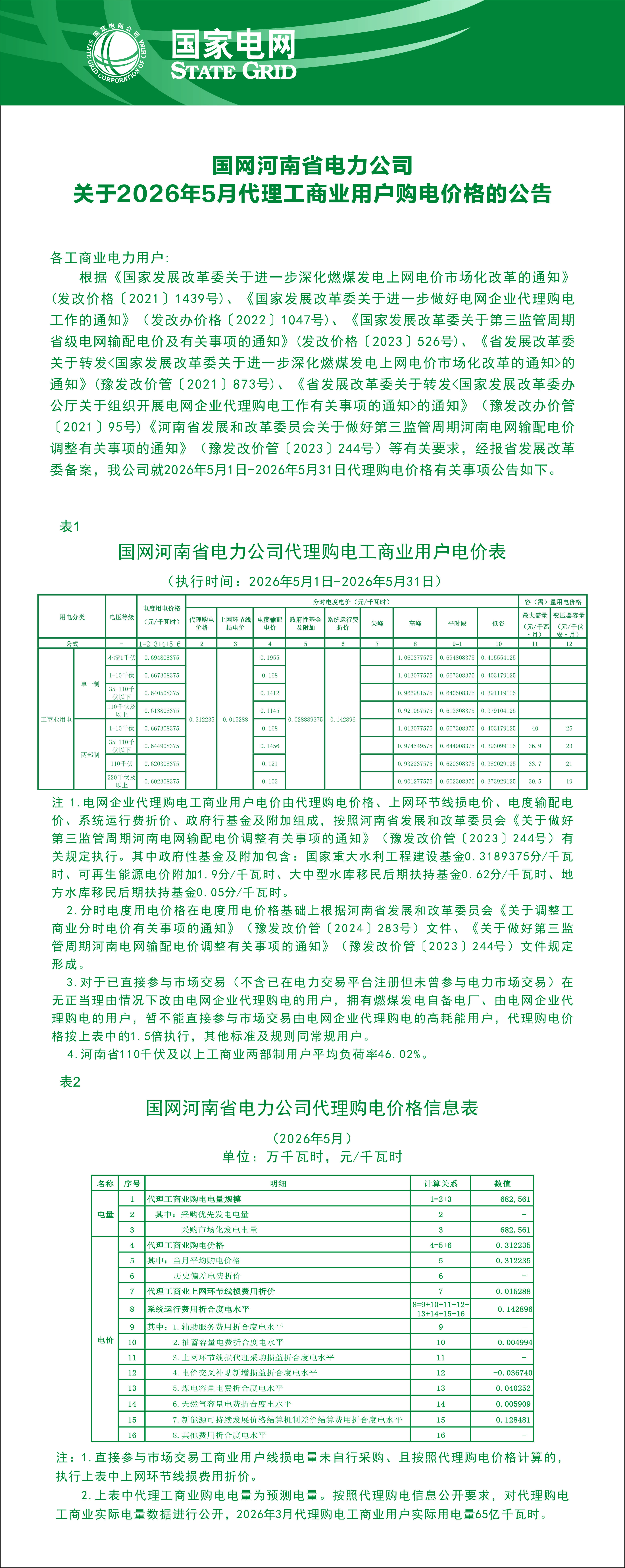 国网河南省电力公司关于2026年5月代理工商业用户购电价格的公示