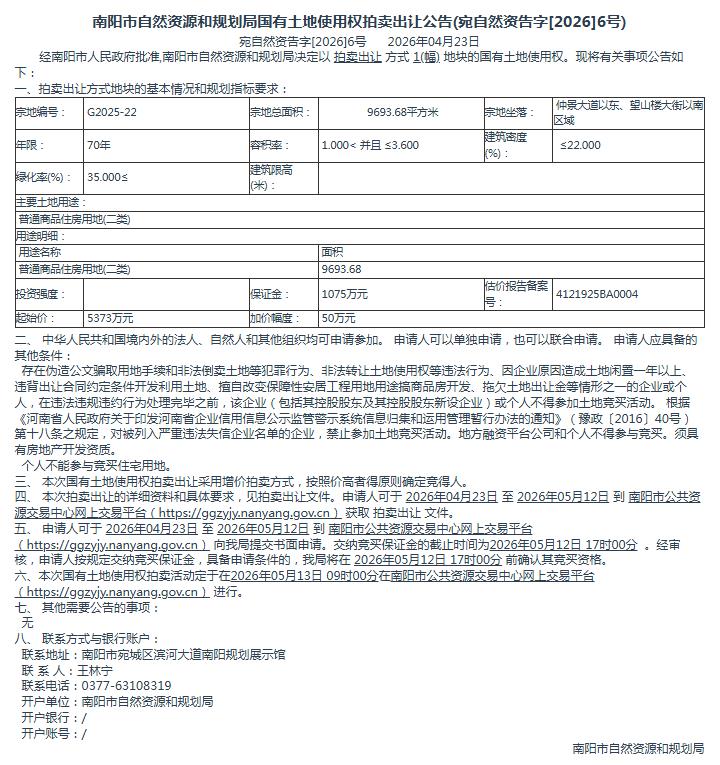 宛自然资告字[2026]6号