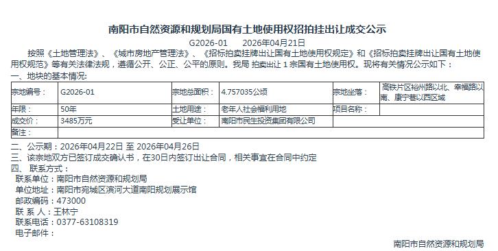 南阳市自然资源和规划局国有土地使用权招拍挂出让成交公示G2026-01