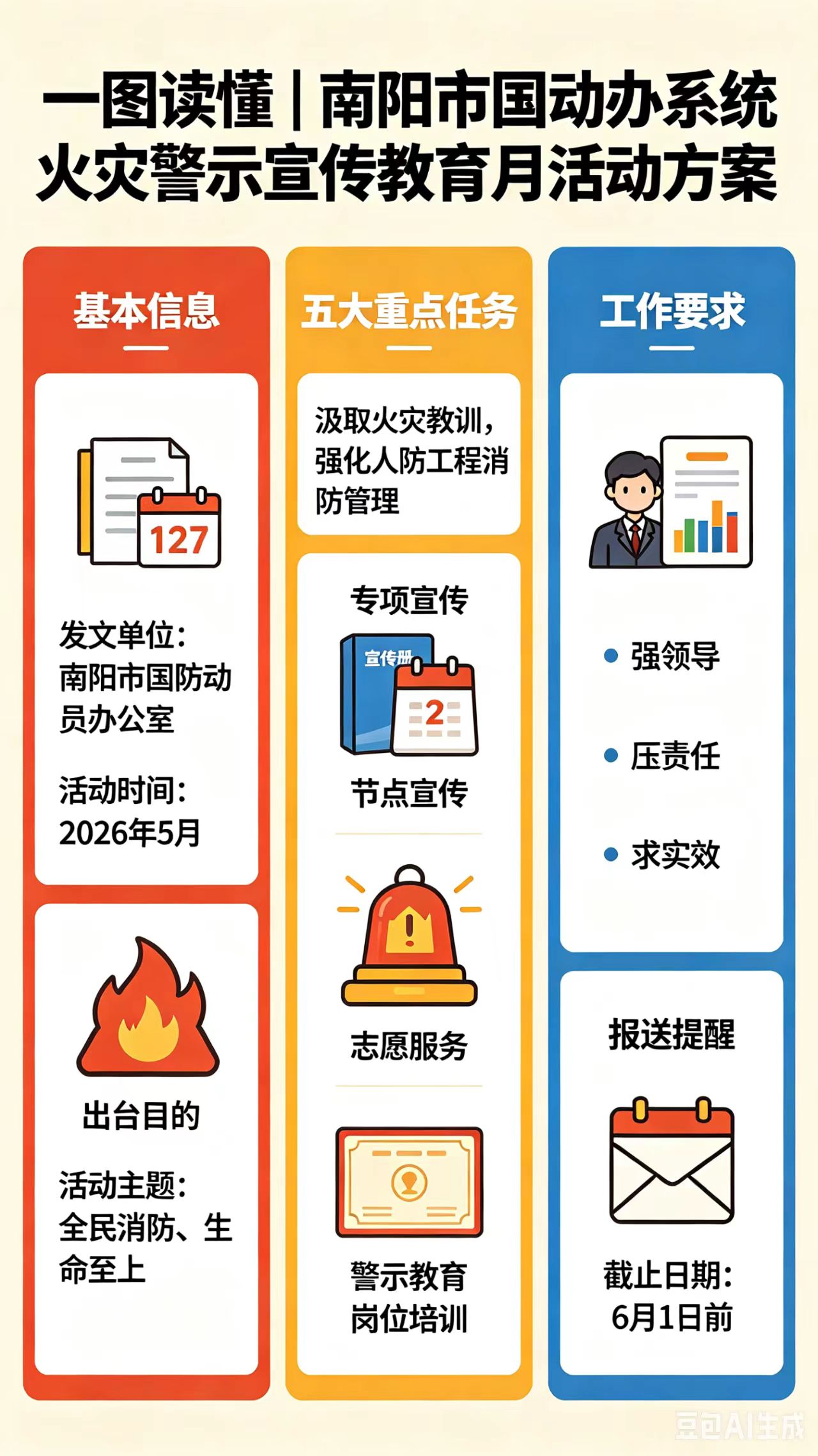 图文解读：《南阳市国防动员办公室系统火灾警示宣传教育月活动方案》
