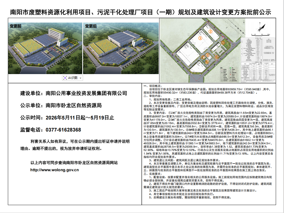 南阳市废塑料资源化利用项目、污泥干化处理厂项目(一期)规划及建筑设计变更方案批前公示