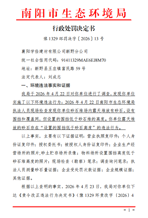行政处罚决定书 （豫1329环罚决字〔2026〕13号）