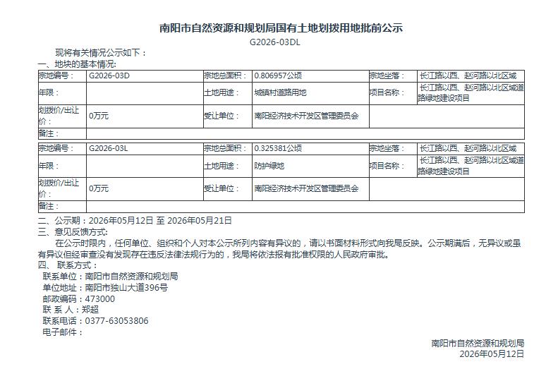 南阳市自然资源和规划局国有土地划拨用地批前公示G2026-03DL